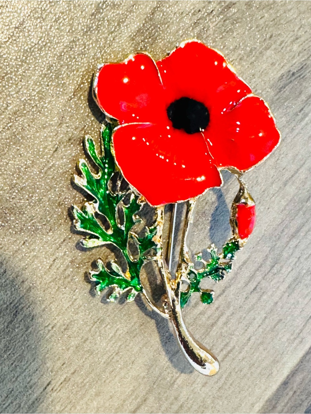 Red Poppy Enamel Brooch with Green Leaves 2.5”